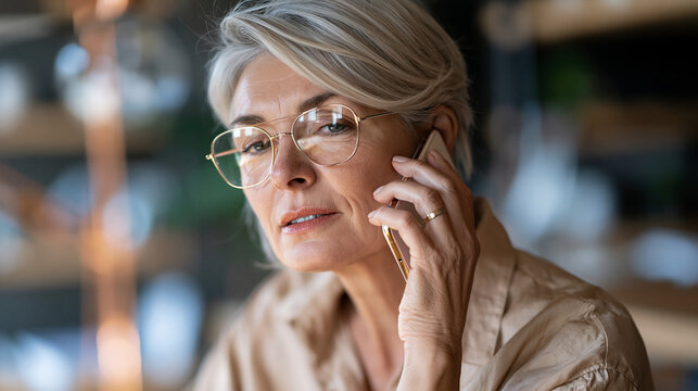 Close-up portrait of a thoughtful middle-aged woman holding a ringing smartphone slightly away from her ear after recognizing a suspicious request, calm decision to end the call,
