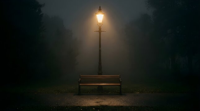 Empty wooden park bench under glowing street lamp in dark foggy night