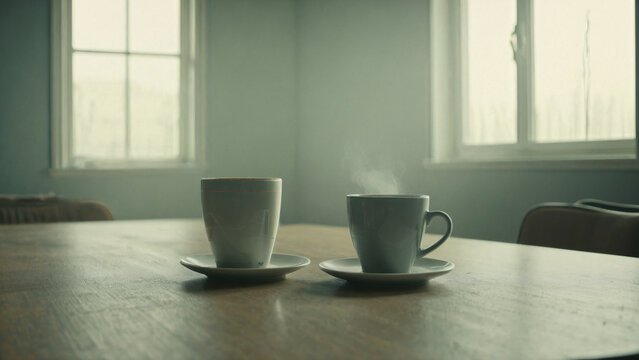 Two cups of hot coffee on saucers on a wooden table in a room with windows and morning light