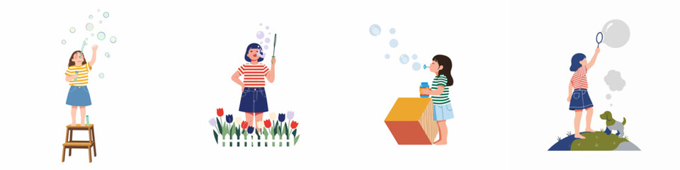 Obraz premium Flat Vector Illustration Set of Cute Little Girls Playing with Soap Bubbles in Different Scenes Including Garden, Outdoors with Dog, and Sitting on a Stool