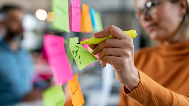 Faceless diverse corporate team collaborating on sticky note kanban board, agile sprint planning workshop concept, defocused office background, with copy space