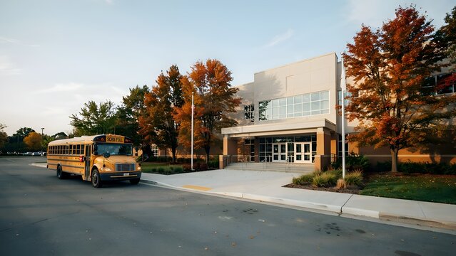 Yellow school bus parked in front of a modern brick building