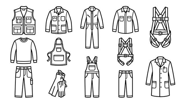 Minimalist workwear protective apparel icon set featuring overalls heavy coat gloves pants and safety vest outlines