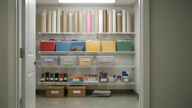 Organized office storage shelves display paper rolls folders and school supplies