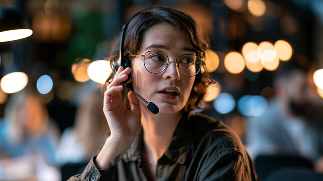 photorealistic stock photo of a professional call center employee recognizing a suspicious request during a customer conversation, agent wearing realistic headset and pausing
