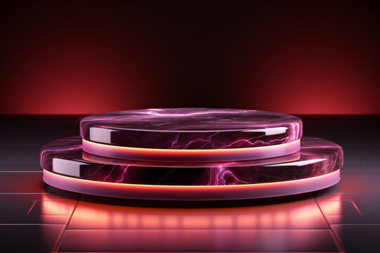 Two-Tiered Purple Marble Product Display Podium with Glowing Neon Lights and Dark Red Background