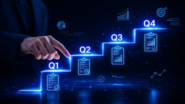 Business professional navigating digital quarterly steps, illustrating a strategic roadmap for progressive growth, goal achievement, and successful project management.