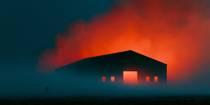 A dark, ominous silhouette of a barn engulfed in fiery red smoke and fog at twilight. The structure has glowing windows, casting an eerie light onto the surrounding desolate field. A tiny.
