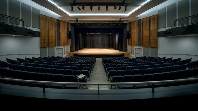 Empty auditorium with dark blue seating and a wooden stage is presented