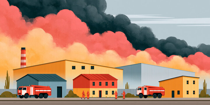 A factory emitting thick plumes of smoke into the sky, with fire trucks and tiny figures suggesting a response to an incident