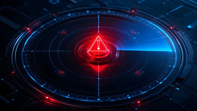 Critical alert on a futuristic digital radar interface, prominently featuring a red warning sign symbolizing a cybersecurity threat, system error, or data breach.