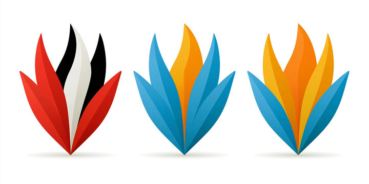 Three stylized flame-like floral or leaf shapes in red, black, and white, blue and yellow, and orange and yellow