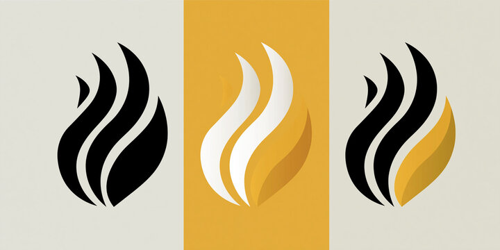 A set of three stylized flame icons in black, white and gold, and black and gold, set against a light neutral background