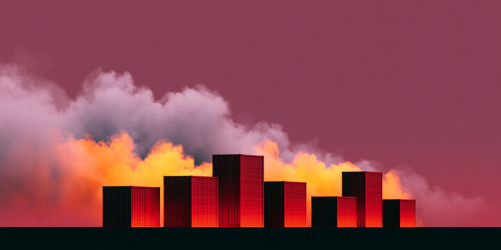 Abstract illustration of several red cube-shaped buildings set against a backdrop of dark pink sky and smoky clouds with orange fire-like glow