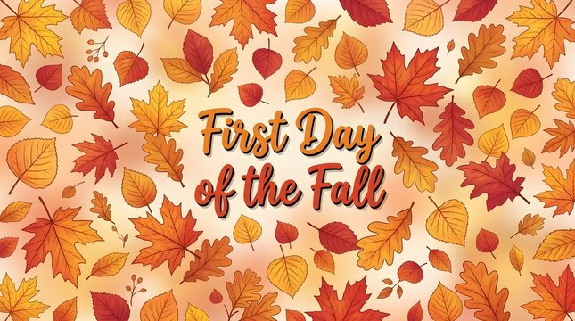 autumn leaves falling with first day of the fall text on warm gradient background featuring season, orange