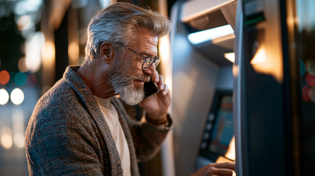 Older man standing near an ATM receives a suspicious call that seems to come from a bank, keeps distance from the machine and refuses to follow instructions, safe public banking