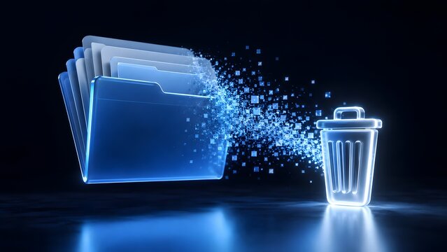 Digital data deletion and file management concept: glowing folder dissolving into a recycling bin, symbolizing secure information purging and cleanup.