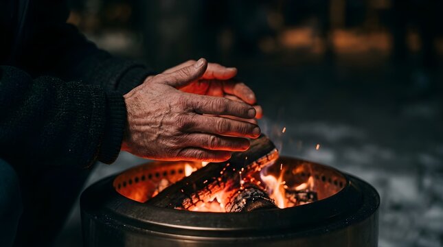 Man warming weathered hands over a glowing outdoor fire pit at night