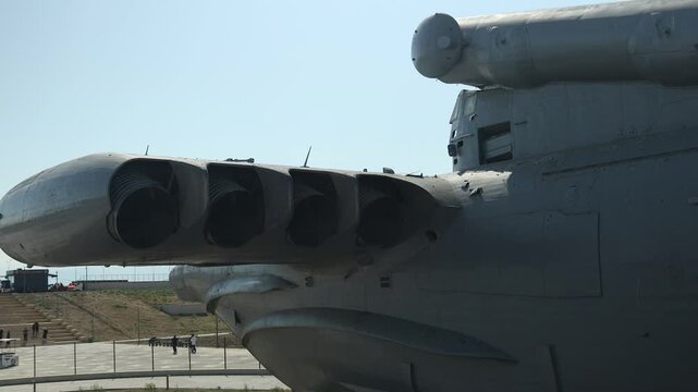 August 8, 2020, Derbent, Russia. Project 903 Lun ekranoplan missile ship. Close-up view of a military helicopter on display, possibly at an airshow or museum