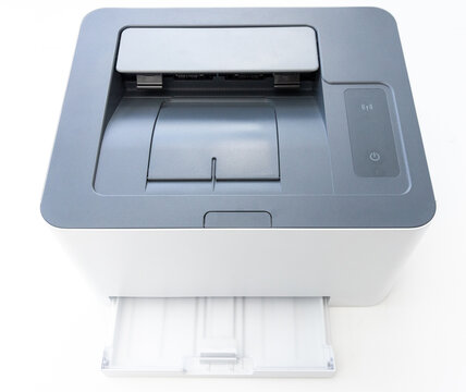 Modern wireless laser printer isolated on white background surface