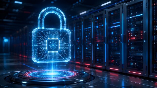 Digital padlock with a circuit board icon radiating light in a server room, symbolizing robust cybersecurity, data protection, and secure network infrastructure.