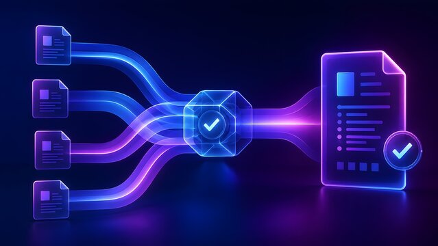 Efficient digital data flow: Multiple files consolidating into one validated document, symbolizing secure information processing and streamlined business operations.