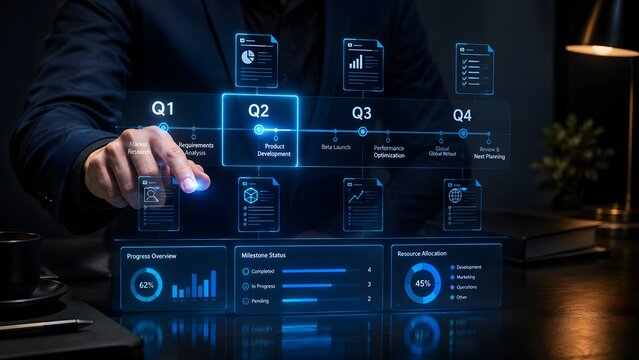 Executive analyzing quarterly project milestones and resource allocation on an innovative digital interface, showcasing strategic business planning and data-driven insights.