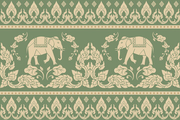 Elegant Thai elephant ornamental panel with traditional floral motifs in jade green and cream. Ideal for luxury wallpaper, textile, packaging, interior decoration, spa branding, and cultural design. © Noke