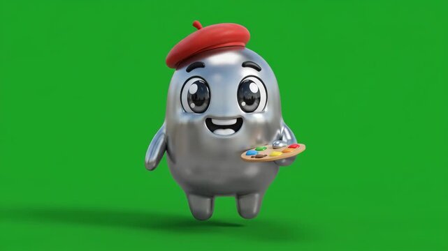 Cute 3D animated character, a silver artist with a red beret and paint palette, standing against a green screen background.
