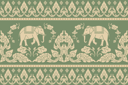 Elegant Thai elephant ornamental panel with traditional floral motifs in jade green and cream. Ideal for luxury wallpaper, textile, packaging, interior decoration, spa branding, and cultural design.