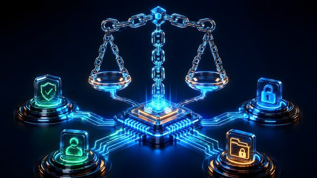 Futuristic digital scales balancing robust data security, essential user privacy, and critical legal compliance in a high-tech computing and network infrastructure.