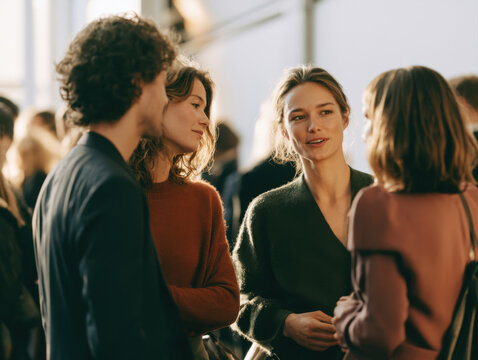 group of diverse young professionals conversing at networking event or corporate party in modern indoor venue candidate discussion teamwork socializing afterwork atmosphere