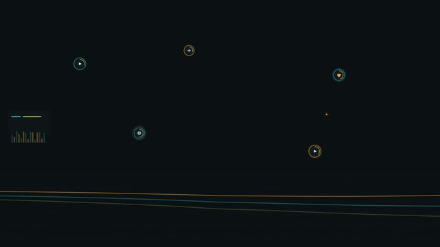Minimalist digital interface background with moving circular data nodes and flowing line charts featuring smooth animation for tech projects.