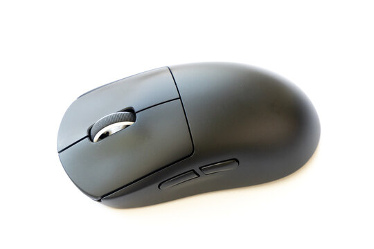 Modern ergonomic black computer mouse on white background