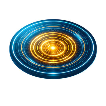 Futuristic Glowing Circular Technology Interface with Golden and Blue Digital Rings