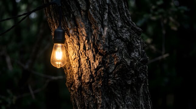 Warm glowing light bulb hanging on a rustic tree trunk in the forest
