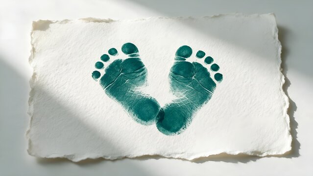 Tiny newborn baby footprints stamped in vibrant teal ink upon rough textured handmade white paper showing artistic minimalist style with soft morning sunlight casting gentle shadows