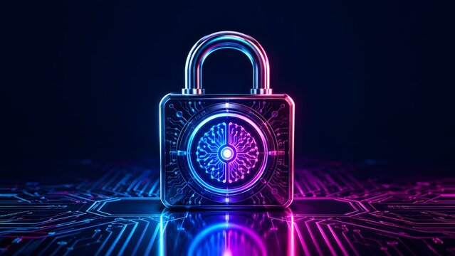 Innovative digital padlock representing strong data security, AI-powered protection, and robust network defense in a glowing, futuristic tech environment.