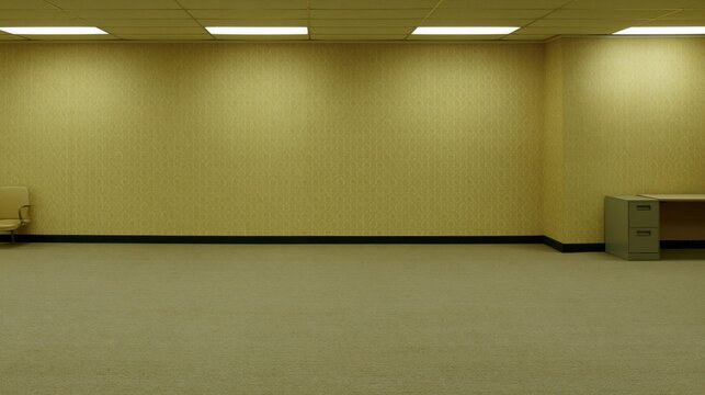 Business and Career Development empty office room with yellow wallpaper beige carpet and filing cabinet