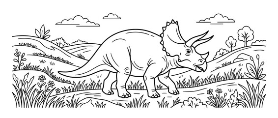 Line art triceratops dinosaur walking in prehistoric landscape © Biru