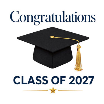 Black graduation cap with golden tassel and congratulations class of twenty twentyseven design