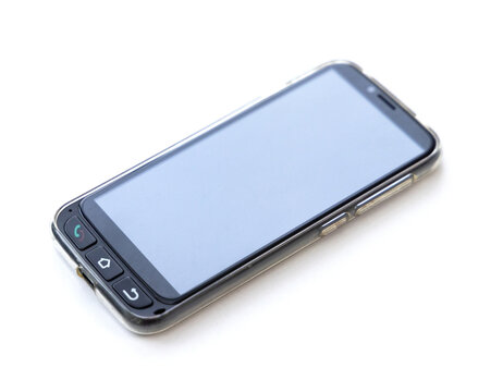 Modern smartphone with physical navigation buttons resting on white surface