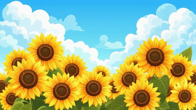 青い空に浮かぶ白い雲と満開の向日葵畑　中央上部に広いコピースペースを配置した明るい夏模様のイラスト調アニメーション背景ビデオ素材
