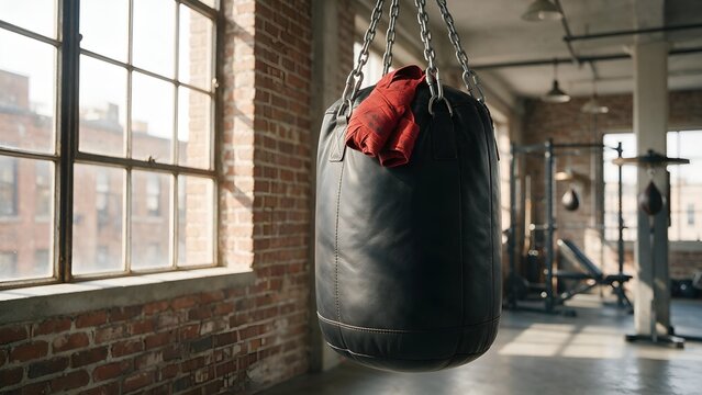Heavy black leather punching bag hanging from metallic chains with vibrant red hand wraps draped on top inside a rustic gym with bright natural light
