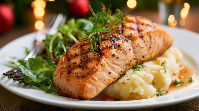 Grilled salmon fillet served with mashed potatoes and fresh green salad on a white plate against a festive christmas background