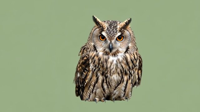A close up portrait of a long-eared owl against a solid sage green background