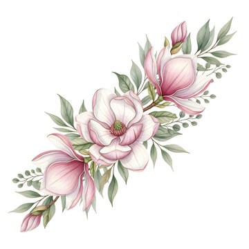 Beautiful pink magnolia flower bouquet illustration