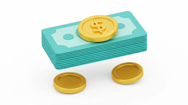 A stack of cyan paper money banknotes with gold dollar coins in 3d style