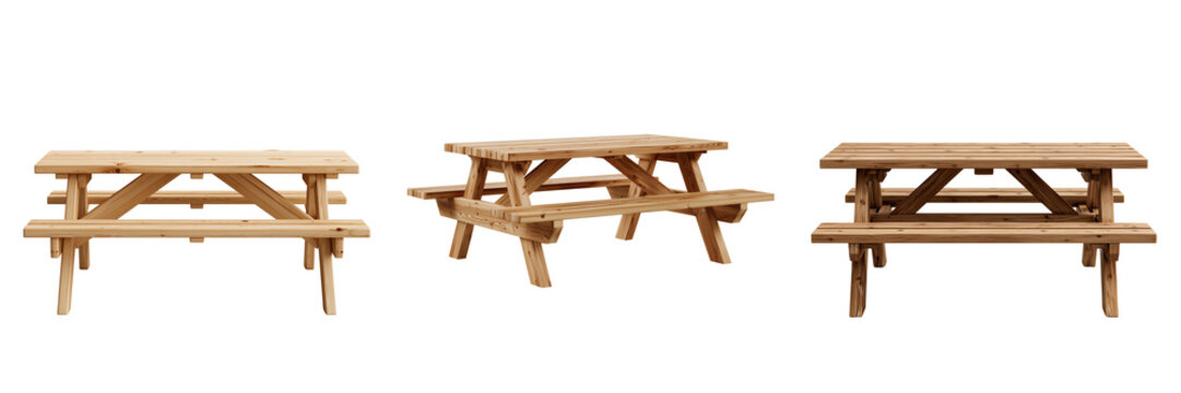 Set of Classic Wooden Frame Picnic Table with Attached Benches transparent png background. Ai generated