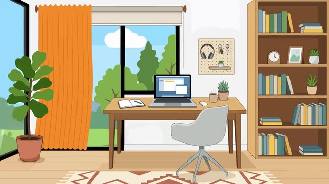Modern study room apartment animation, Cozy home office workspace with laptop on wooden desk and window view loop animation video asset for remote work, productivity and lifestyle explainer clips. 
